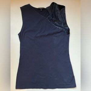 Gucci navy blue sleeveless cotton tank with lurex shoulder panel. Sz M